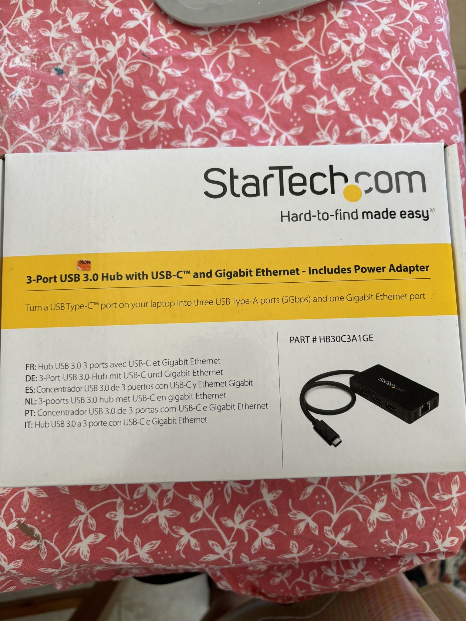 Startech 3-port USB 3.0 hub with USB—C and Gigabit Ethernet- Includes Power adapter.