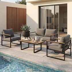 Modern Patio Furniture Set, 4 Pieces Outdoor Conversation Set Metal Patio Furniture with 4" Washable Foam Cushions and Coffee Table for Front Porch Ba