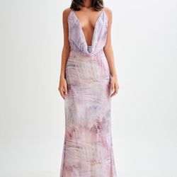 Meshki Attina Cowl Chiffon Mermaid Shell Print Maxi Dress