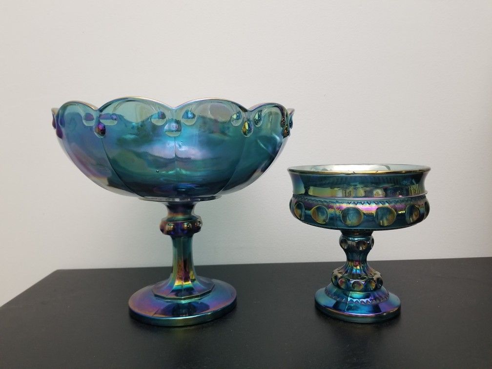 2pc Blue/Peacock Vintage Indiana Glass Looks Like Carnival Glass
