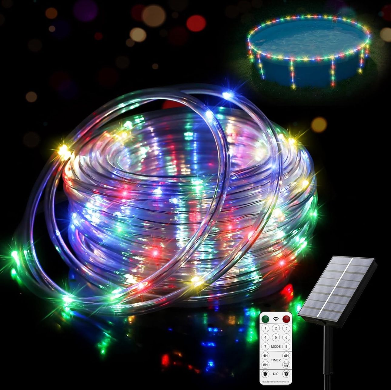 New 55.7ft Solar LED Pool Lights for Above Ground Pools – Waterproof 200 LEDs with Remote, 8 Color Modes – Outdoor String Lights for Frame Pools, Tram