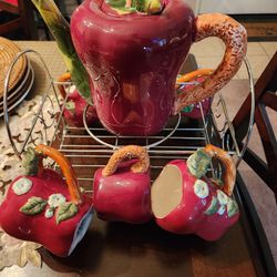 Apple 6 Cups And Jar With Stand Decor