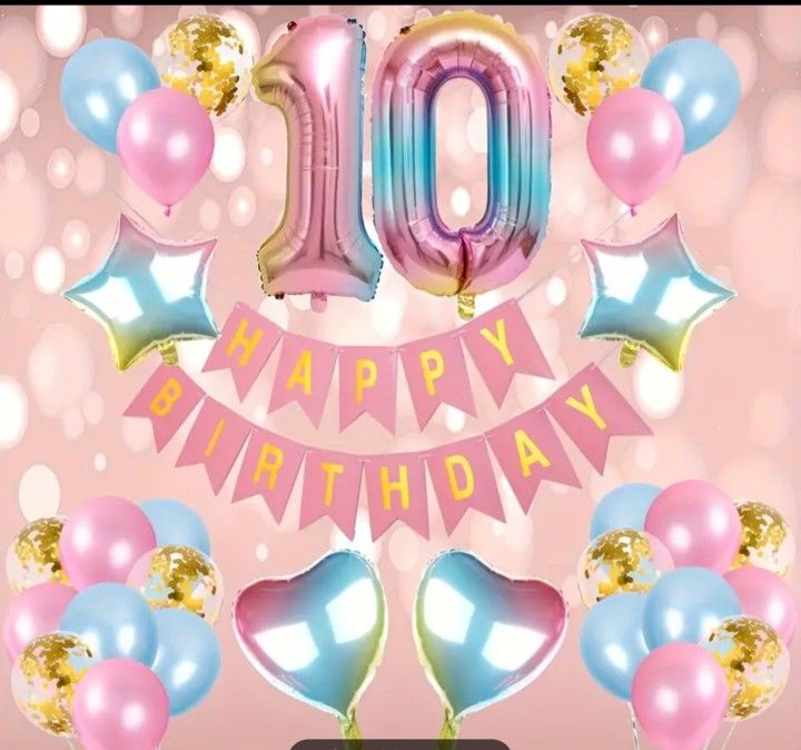 Happy 10th Birthday Decorations Balloons, Banner Set