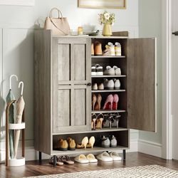 Shoe Cabinet with Cross Molding Doors, 6-Tier Shoe Storage Cabinet with 3 Adjustable Shelves and Metal Legs, 45'' Tall Shoes Rack Organizer Cabinet fo