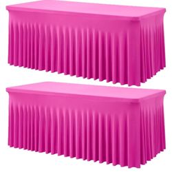 2 Pack Hot Pink Spandex Table Clothes for 6 Foot Rectangle Tables, Wrinkle Free Fitted Table Cover 6ft Fuchsia Stretch Tablecloths with Skirt for Part