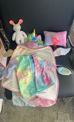 Tie Dye Unicorn 🦄 sleepover set For Dolls - comes with sleeping bag, pillow, eye mask, robe, And Stuffed bunny