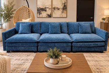 Large Blue Chenille 4-Seat Sofa