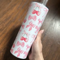 Custom 20oz Pink Coquette Bows & Cherries Stainless Steel Skinny Tumbler