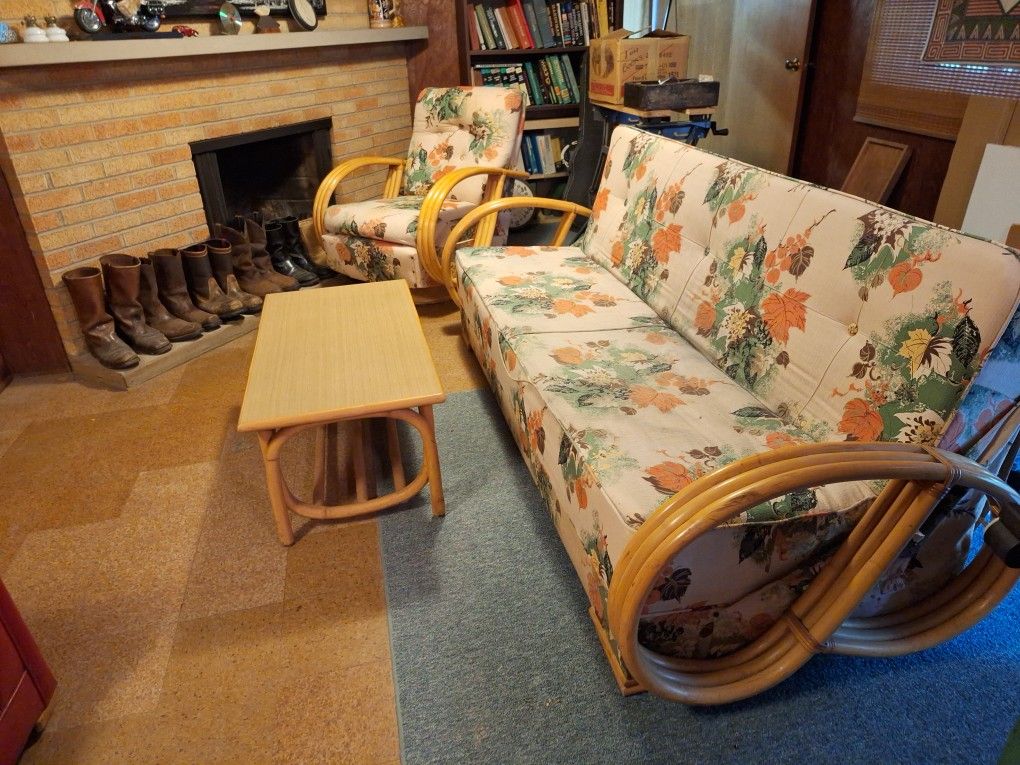 Vintage Rattan Living Room Set - Sofa, Armchair & Coffee Table