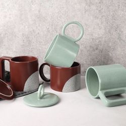 BosilunLife Ceramic Coffee Mug Set of 4 with Lid - 13.5oz Large Coffee Mugs Set with Big Handle for Coffee, Tea, and Cocoa, Microwave Safe Porcelain C