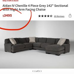 Aidan IV Chenille 4 Piece Grey 142" Sectional Couch With Right Arm Facing Chaise