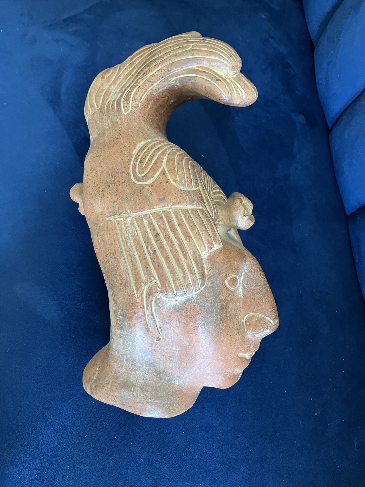 Terracotta Sculpted Head of King Pacal 1970s Vintage Replica Mexico