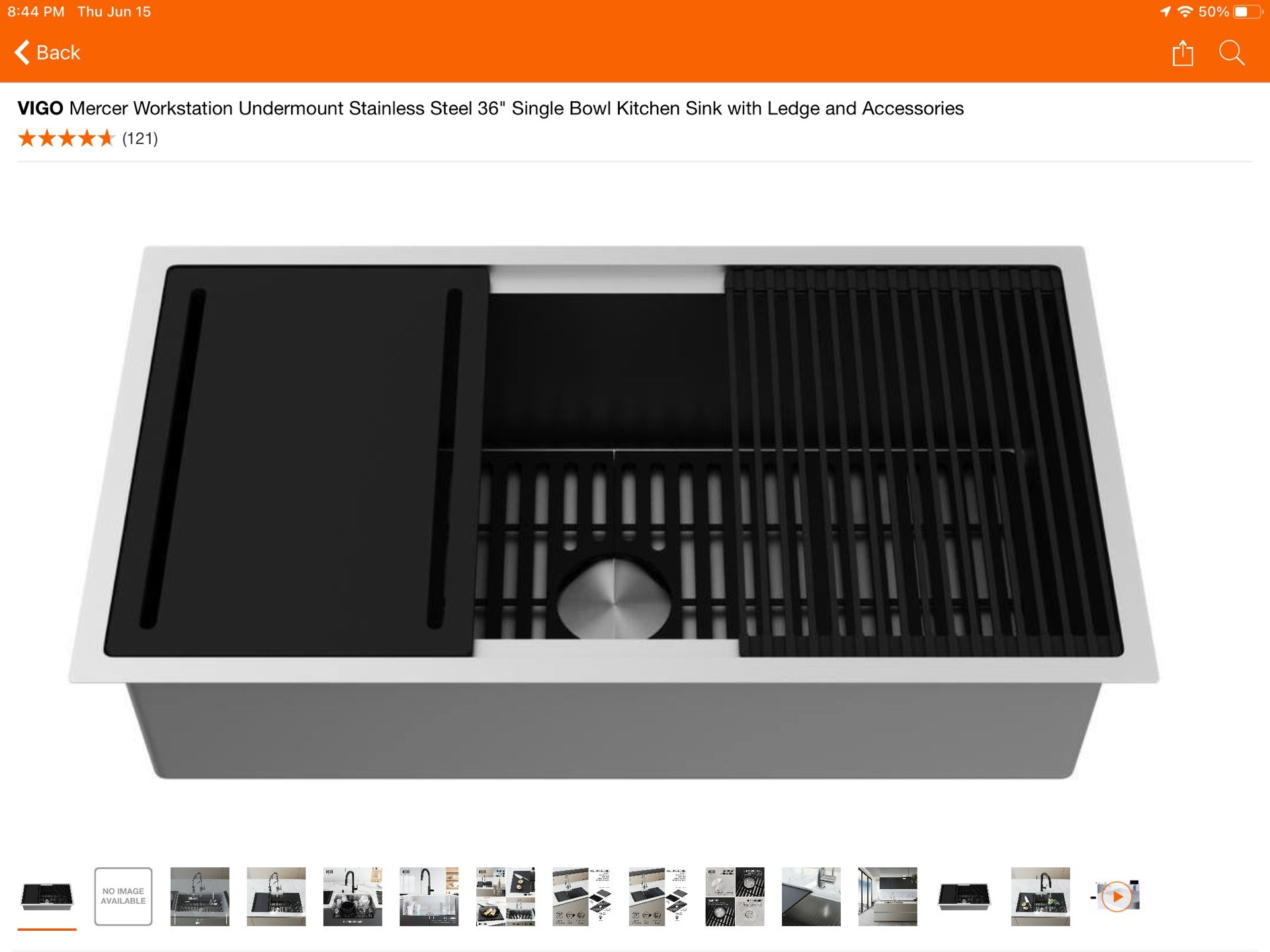 VIGO Mercer Workstation Undermount Stainless Steel 36" Single Bowl Kitchen Sink with Ledge and Accessories