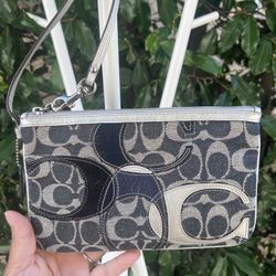 Coach Signature Logo Denim Wristlet – Blue & Silver 
