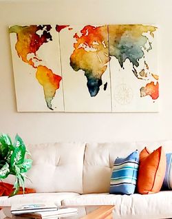 Watercolor World Map 3-Panel Canvas Wall Art