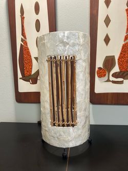 Vintage Cylindrical Opalescent Capiz Shell Bamboo Table Lamp