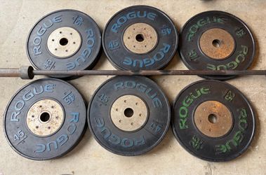 Rogue Bumper Weights 45 lbs (4), 25 lbs (2), and standard 45 lbs barbell
