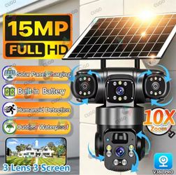 15MP IP Wifi Camera Wireless Solar Camera PTZ 3 Lens Outdoor Waterproof 10X Zoom Night Vision PIR Human Detect Security Camera