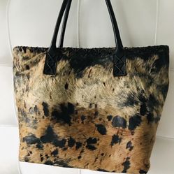 Berge Made In Italy Calfskin Hair Leather Distressed Large Brown Tote Bag