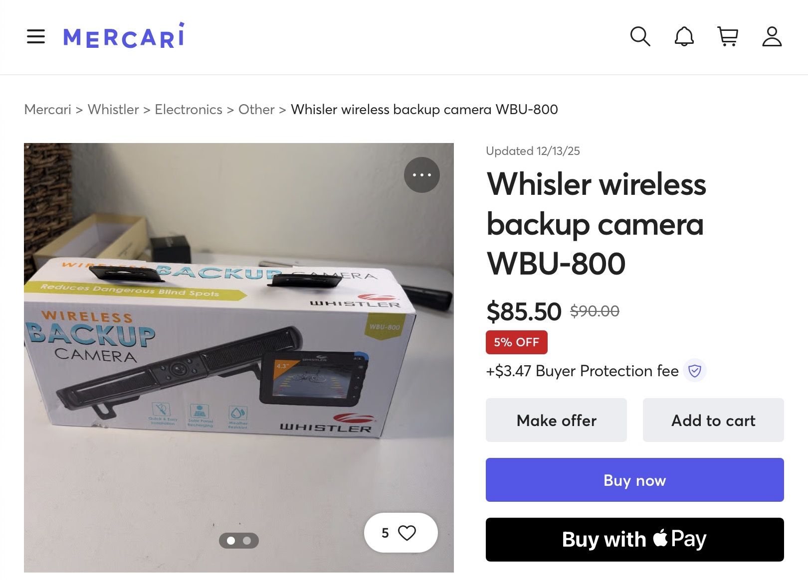 Whistler WBU-800 Wireless Backup Camera