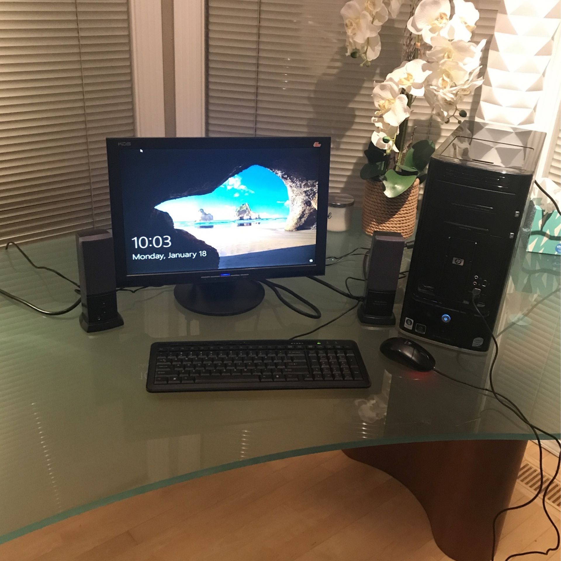 HP Tower, KDS Monitor, Dynex Keyboard, Logitech Mouse & Speakers