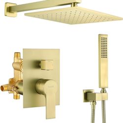 Brass Rainfall Shower System, Luxuly Bathroom Shower Faucet Combo Set Brushed Gold(Including Rough-In Valve Body and Trim