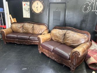 Leather Wood frame Couch & Love Seat