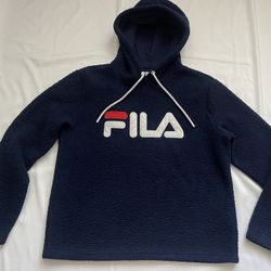 Women Fila Fleece Hoodie Sweatshirt Pullover Plush Fluffy Cozy Top Blue Large L