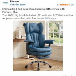 Big & Tall Desk Chair, Executive Office Chair with Footrest, Blue True 400lb big & tall desk chair. 22" wide seat & 7" thick cushion for plus-size com