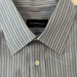 Canali Men's Blue White Striped Dress Shirt 17 34/35 Cotton Collared