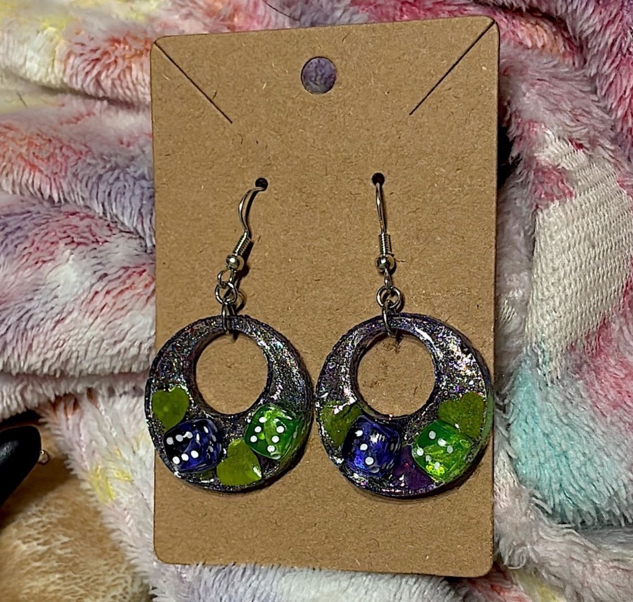 Green and Purple Dice Earrings