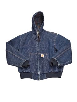 Vintage 90s Carhartt JB848 Blue Denim Aztec Blanket Lined Hooded Jacket Mens Large