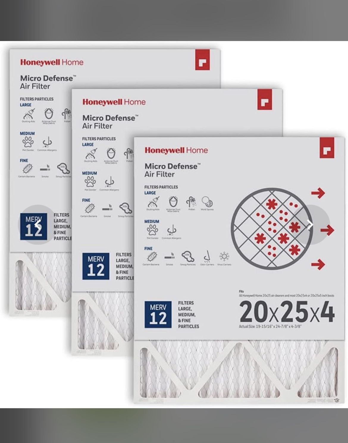 Honeywell Home 20x25x4 MERV 12, AC Furnace Air Filter, 3 PACK (CF200A1016-3PKAM) (Actual Dimensions: 18.84 X 24.75 X 4.38 In.) Pack Of 3
