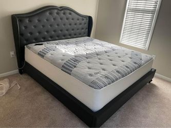 💥 Black & White Leather Upholstered Tufted Wingback King & Queen Platform Bed Frame & Bedroom Set - Opt Mattress | Pickup & Delivery 🚚