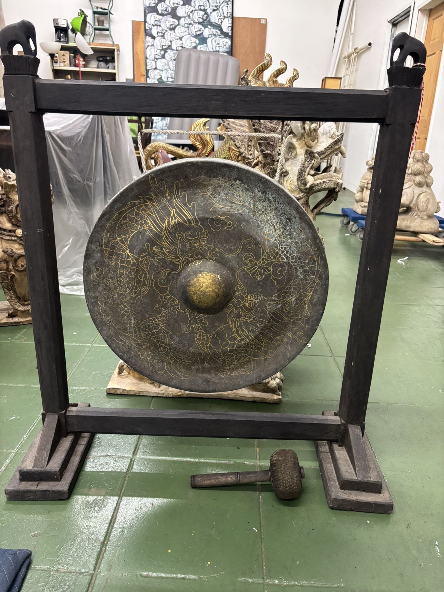 Large vintage bronze gong with stand. From Thailand.