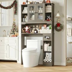 Over The Toilet Storage Cabinet, Over Toilet Bathroom Organizer with 2 Glass Doors & Paper Holder, Bathroom Shelves Over Toilet with Adjustable Shelve