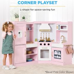  Pretend Play Corner Kitchen, Ultimate Interactive Wooden Kids Playset w/Lights & Sounds, Ice Maker, Hood - Pink