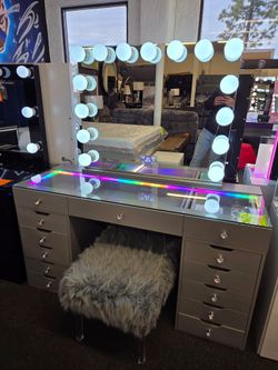 Super Deal XL Vanity Grey 13 Drawers RGB Light On Desk, LED Light Inside Drawers & XL Hollywood Mirror $799