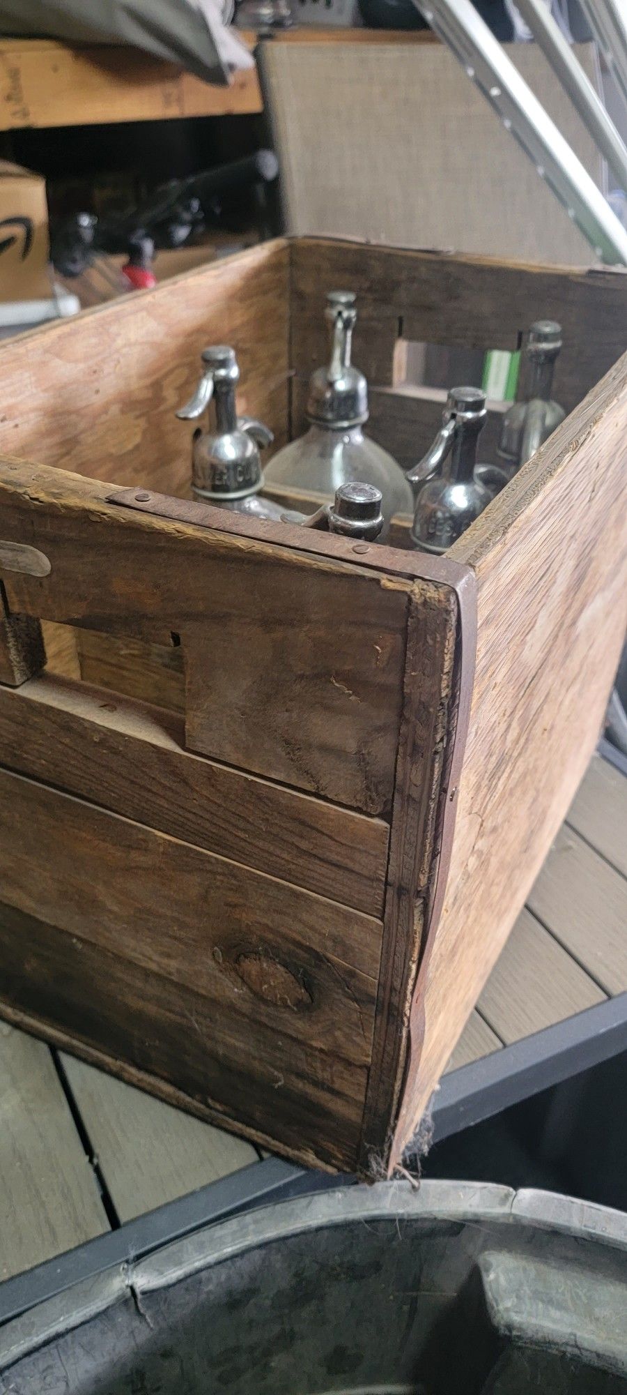 Vintage Soda Water Bottles And Wooden Box