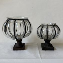 Pumpkin Shaped Caged Glass on a Metal Pedestal Candleholder - Set of 2