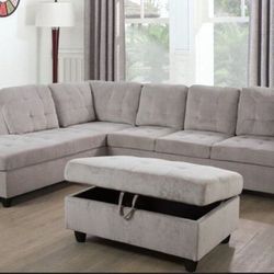 No Credit No Problem Same Day Delivery Available Gray Color Corduroy Material Sectional Storage Ottoman Included