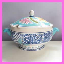 Fitz & Floyd Tureen Ceramic Soup Bowl Lid Blue Butterfly White Flowers Courtyard