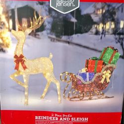 Berkley Jensen 2 Piece Pre-Lit LED Reindeer and Holiday Christmas Sleigh.
