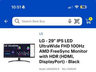 LG - 29" IPS LED UltraWide FHD 100Hz AMD FreeSync Monitor with HDR (HDMI, DisplayPort) - Black Model: 29WQ500-B SKU: (contact info removed)