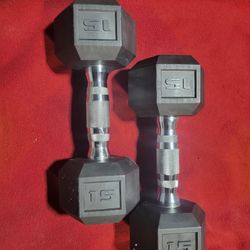 NEW. SET OF 15LB. RUBBER COATED HEXHEAD DUMBBELLS TOTAL 30LBs  11525 S HALSTED DUNKIN DONUTS/7111.S WESTERN WALGREENS
 30$  CASH ONLY AS IS