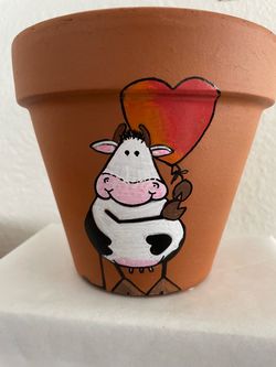Hand-Painted Cow and Heart 6 inch Terracotta Flower Pot