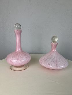 2 Vintage Hand-Blown Italian Art Glass Bottles in Pink Murano Style Swirl