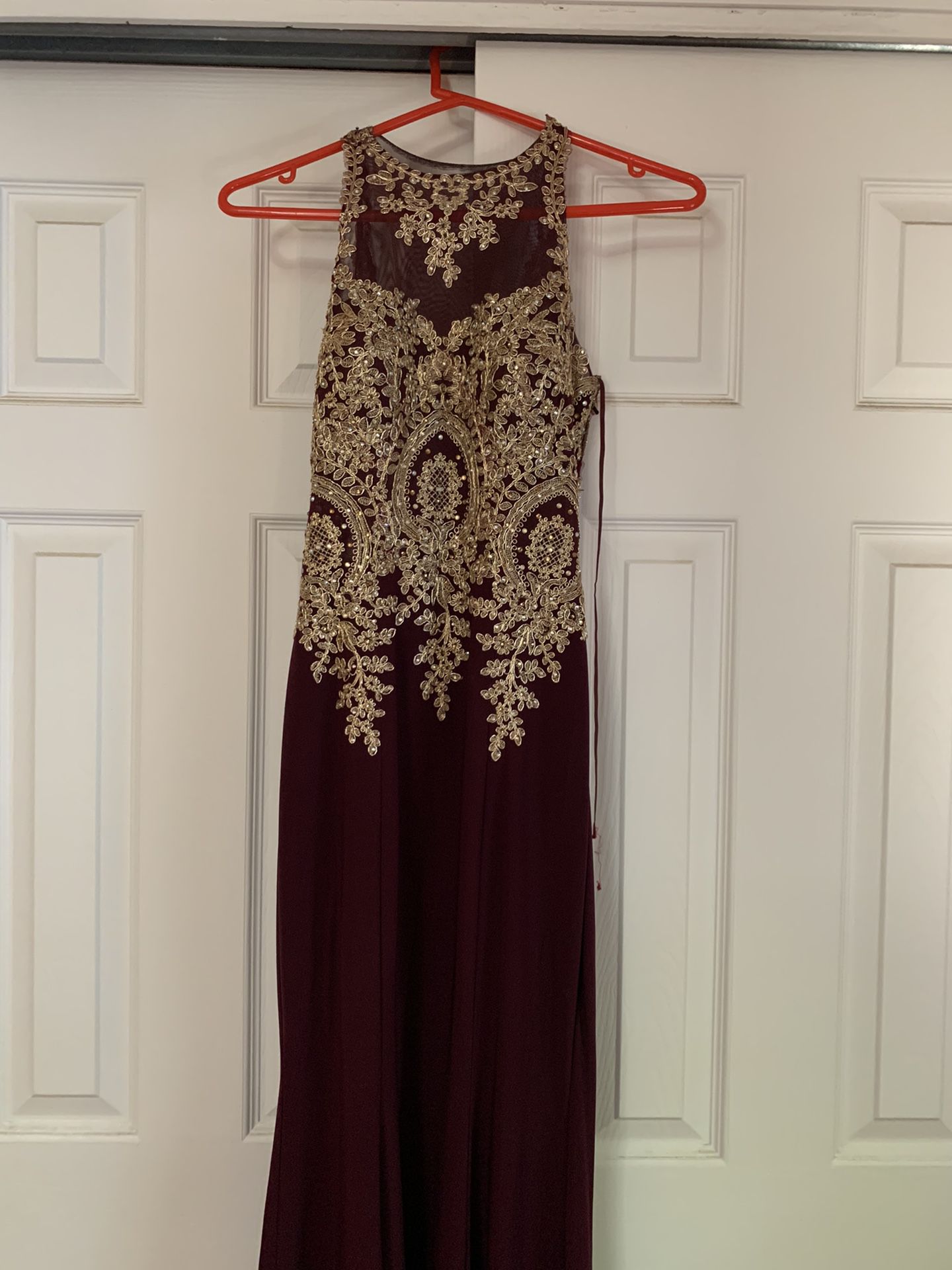 Wine Red Gold Embroidered Lace Halter Stretch Mermaid Gown Dress