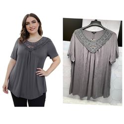 Women's Plus Size Summer Tops Short Sleeve Lace Pleated Blouses Tunic Tops
