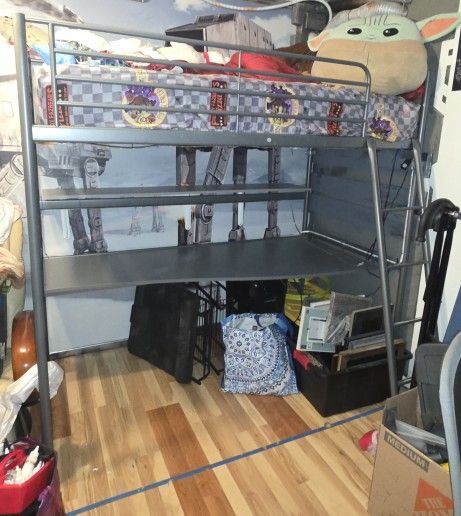 Ikea Metal Frame Loft Style Bunk Bed With Desk And Mattress 
